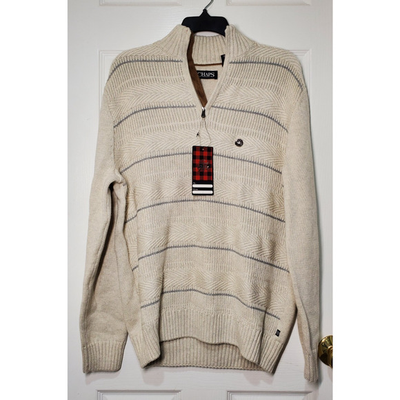 Chaps Men’s Quarter-Zip Sweater – Beige with Gray Stripes – Size M – NWT - Picture 1 of 8